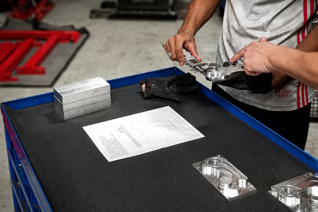 Machinists reviewing technical drawing and measuring part with digital caliper at E-Sector Manufacturing